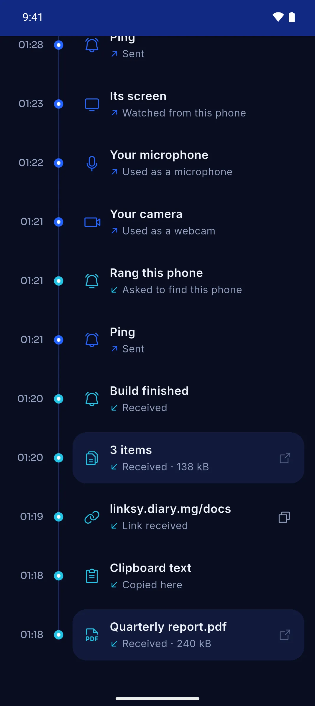 Activity with Studio Desktop: pings, a finished build, three photos, a link, clipboard text and a PDF