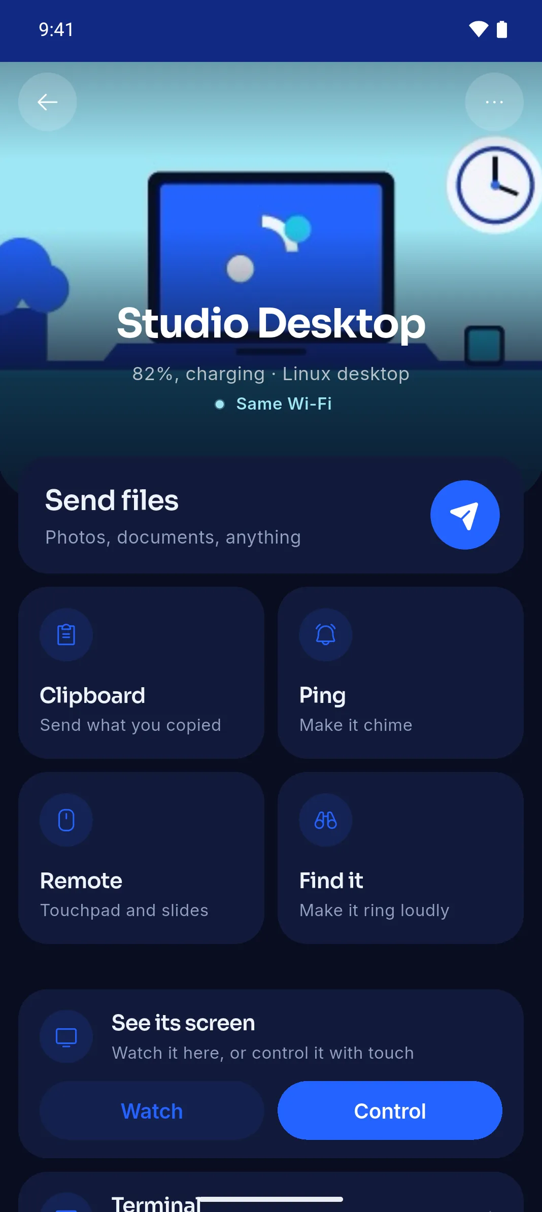 Studio Desktop's page on the phone: Send files, Clipboard, Ping, Remote, Find it, See its screen