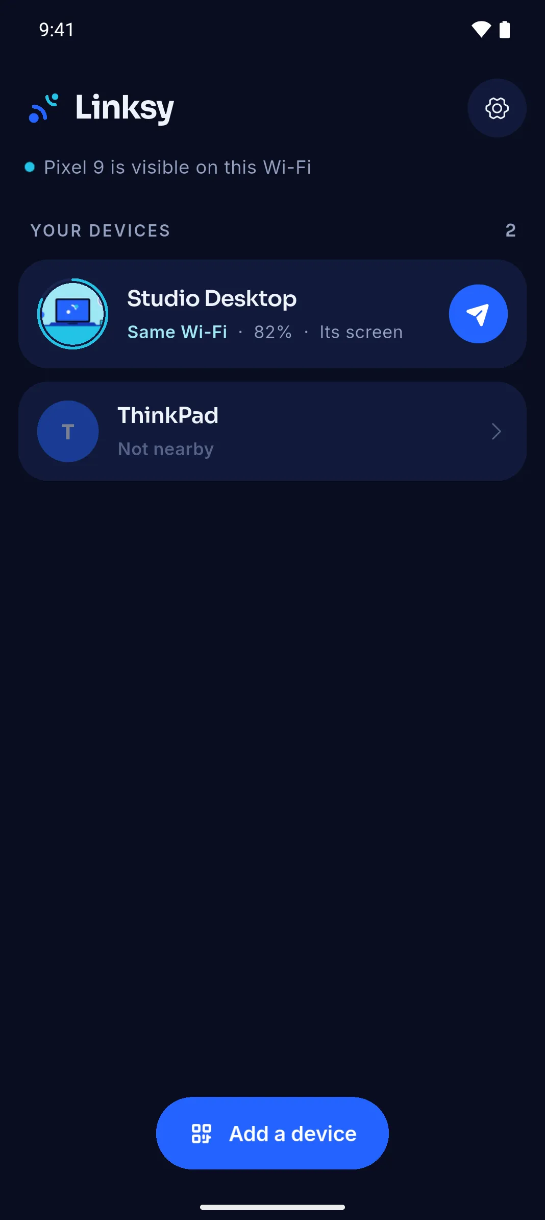 Linksy for Android's home: Studio Desktop on the same Wi-Fi at 82%, and a ThinkPad not nearby
