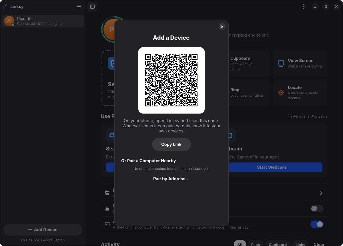 Linksy's Add a Device window with a QR code
