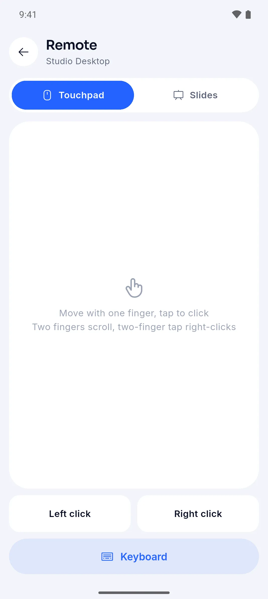 The phone as a touchpad for Studio Desktop, with left and right click and a keyboard button