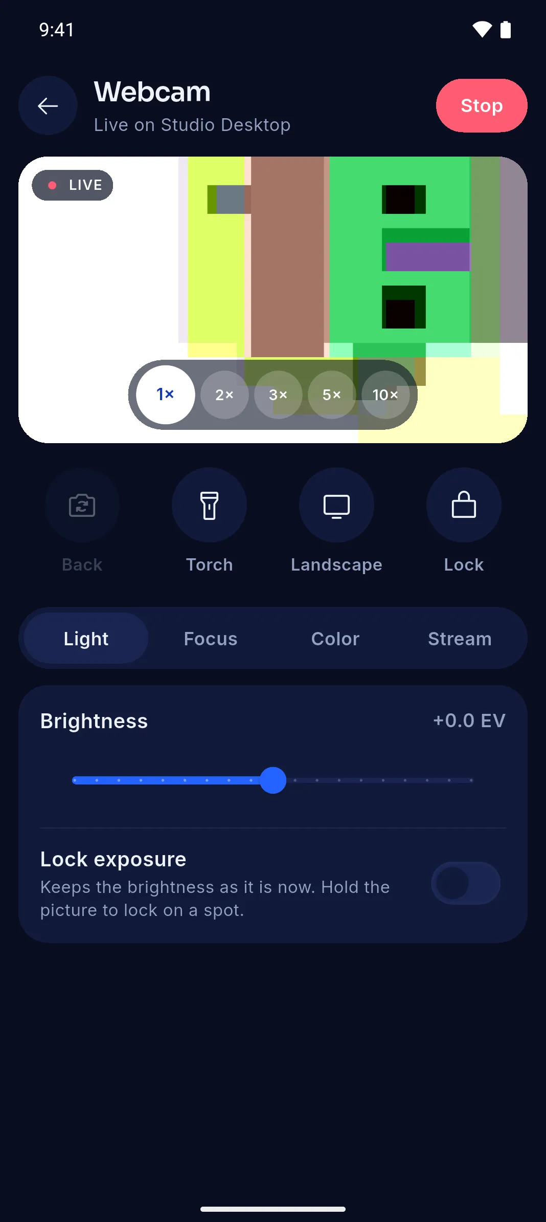 The phone's camera live as Studio Desktop's webcam, with zoom, torch, landscape and lock controls
